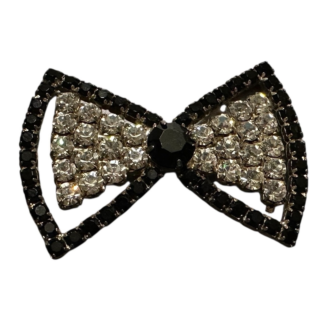Sparkling Bow Brooch Rhinestone Crystal Black Silver Gem Accent Women Accessorie